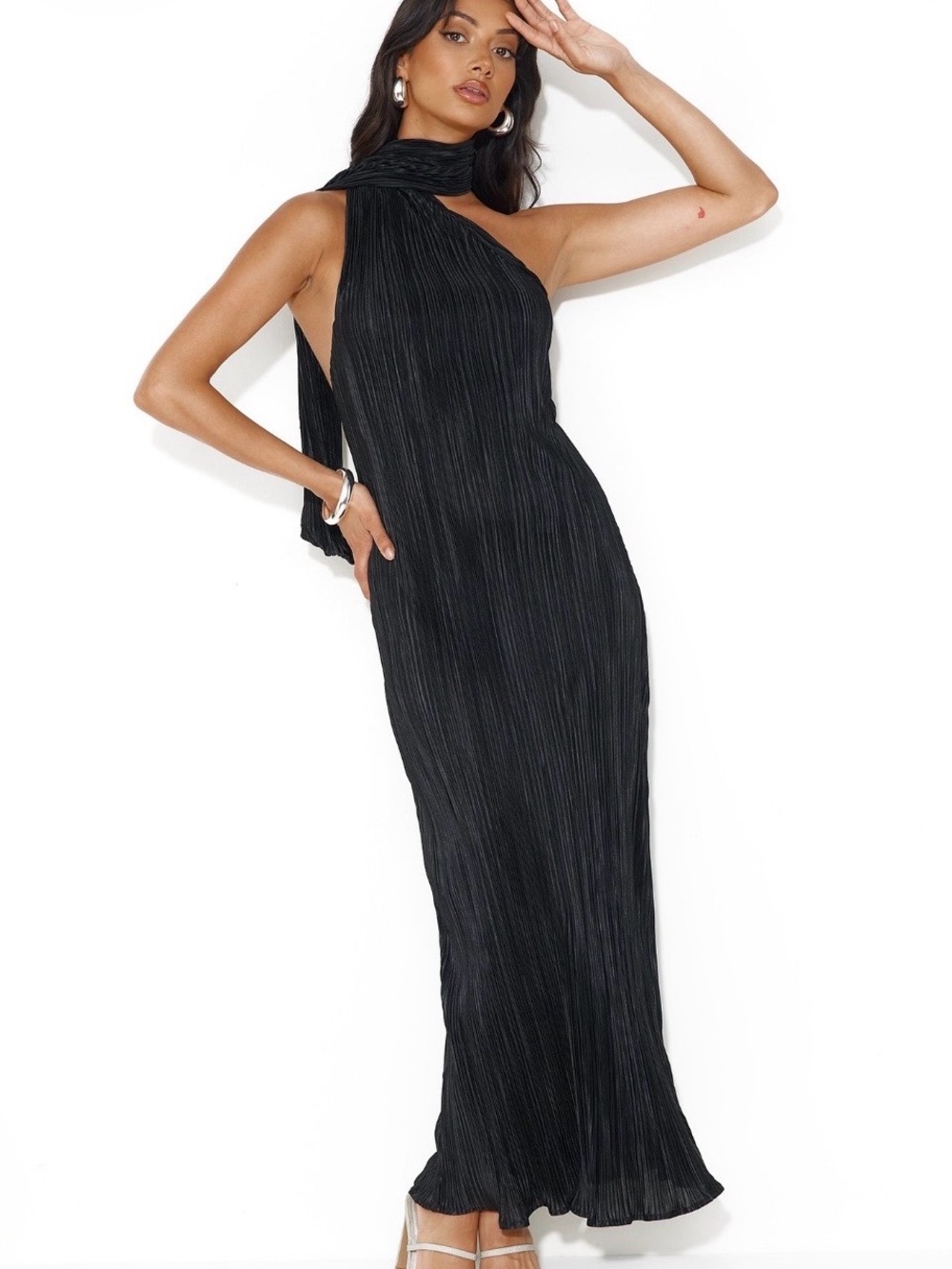 Hello Molly Plisse Perfect Black Scarf Halter Maxi Dress US 4